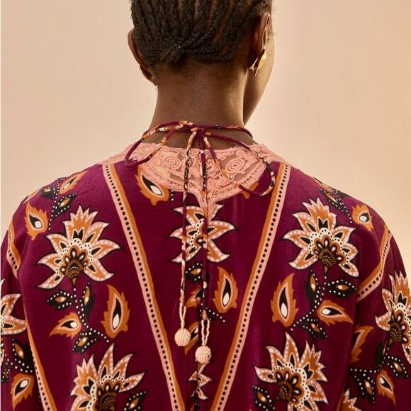 NEW FARM Rio Glam Tapestry Burgundy Lace Short Sleeve Maxi Dress Floral Pink XL - Picture 4 of 16